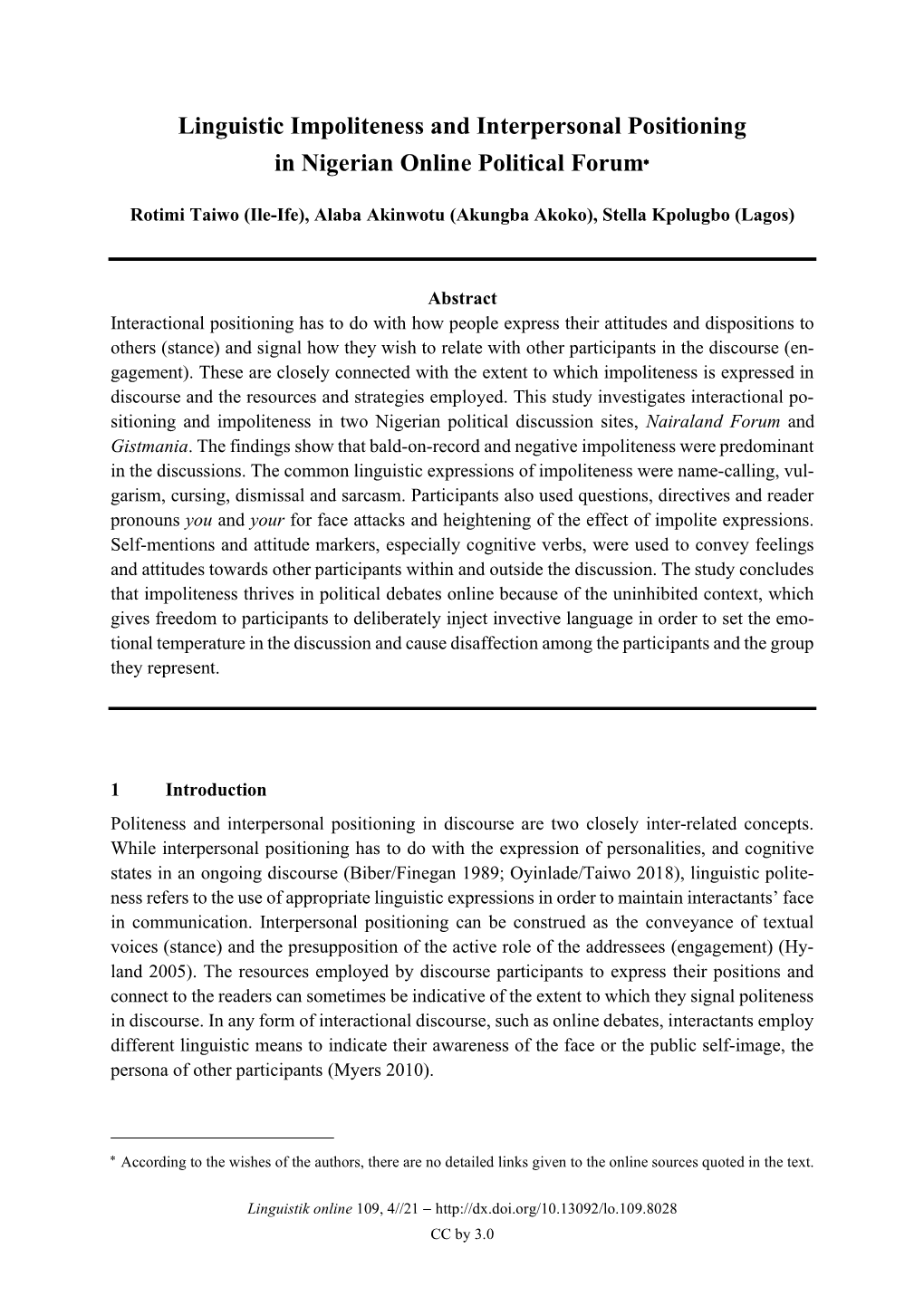 Linguistic Impoliteness and Interpersonal Positioning in Nigerian Online Political Forum