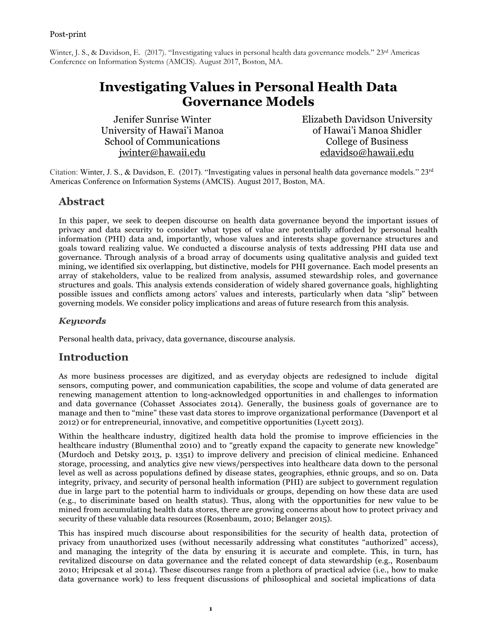 Investigating Values in Personal Health Data Governance Models.” 23Rd Americas Conference on Information Systems (AMCIS)