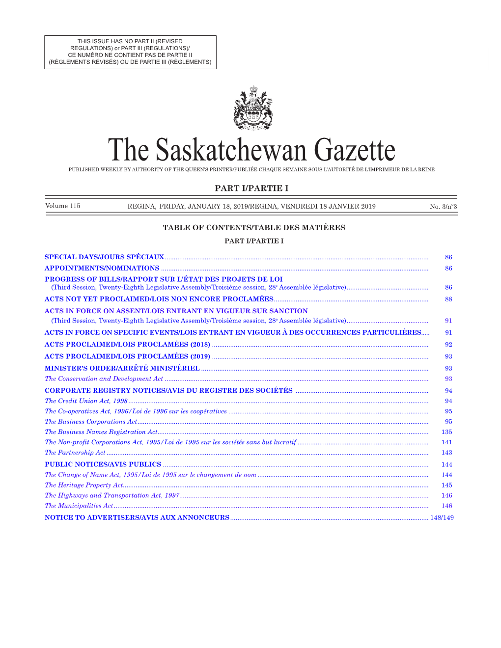 85 the Saskatchewan Gazette, 18 Janvier 2019