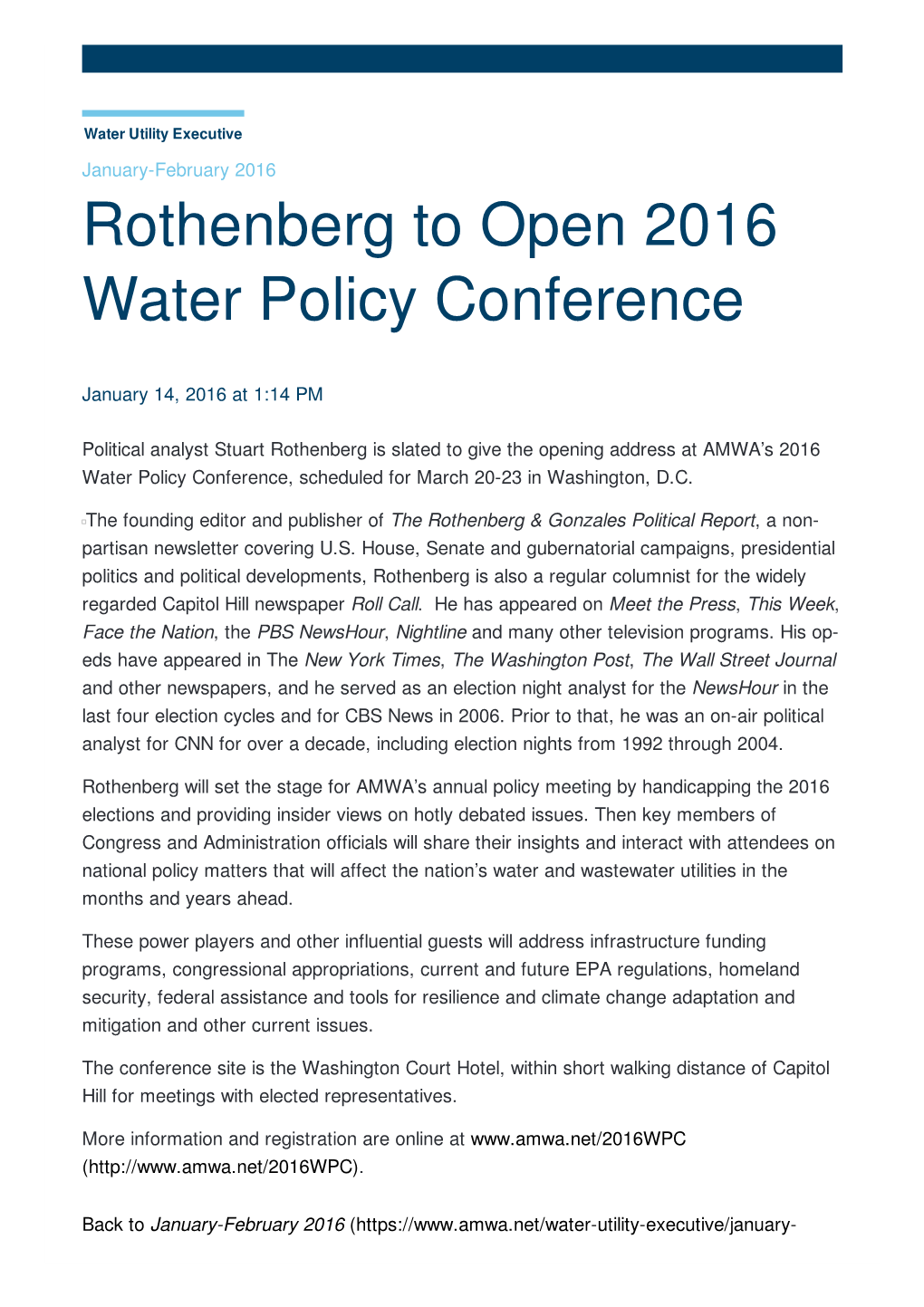 Rothenberg to Open 2016 Water Policy Conference
