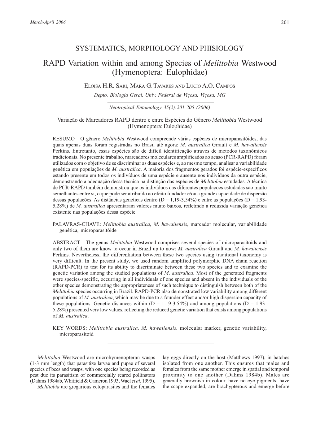 RAPD Variation Within and Among Species of Melittobia Westwood (Hymenoptera: Eulophidae)