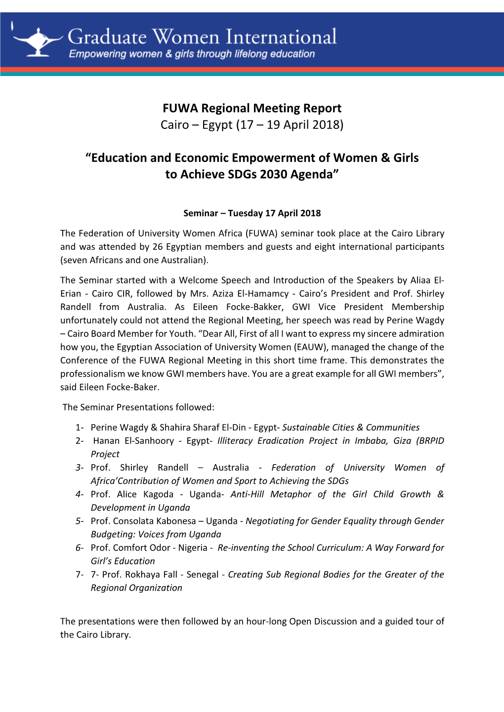 FUWA Regional Meeting Report Cairo – Egypt (17 – 19 April 2018)