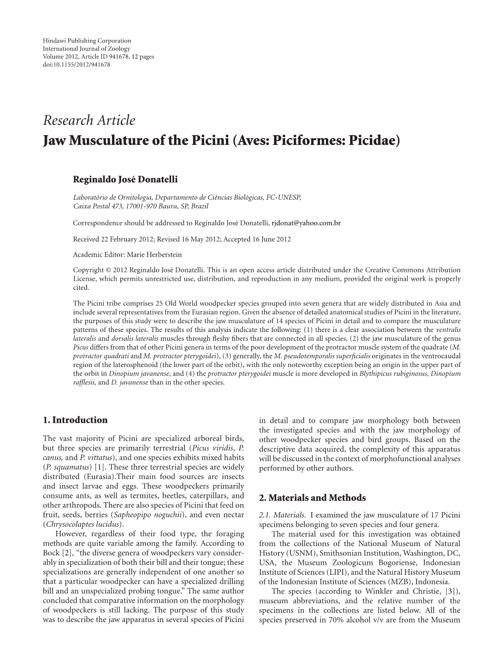 Jaw Musculature of the Picini (Aves: Piciformes: Picidae)