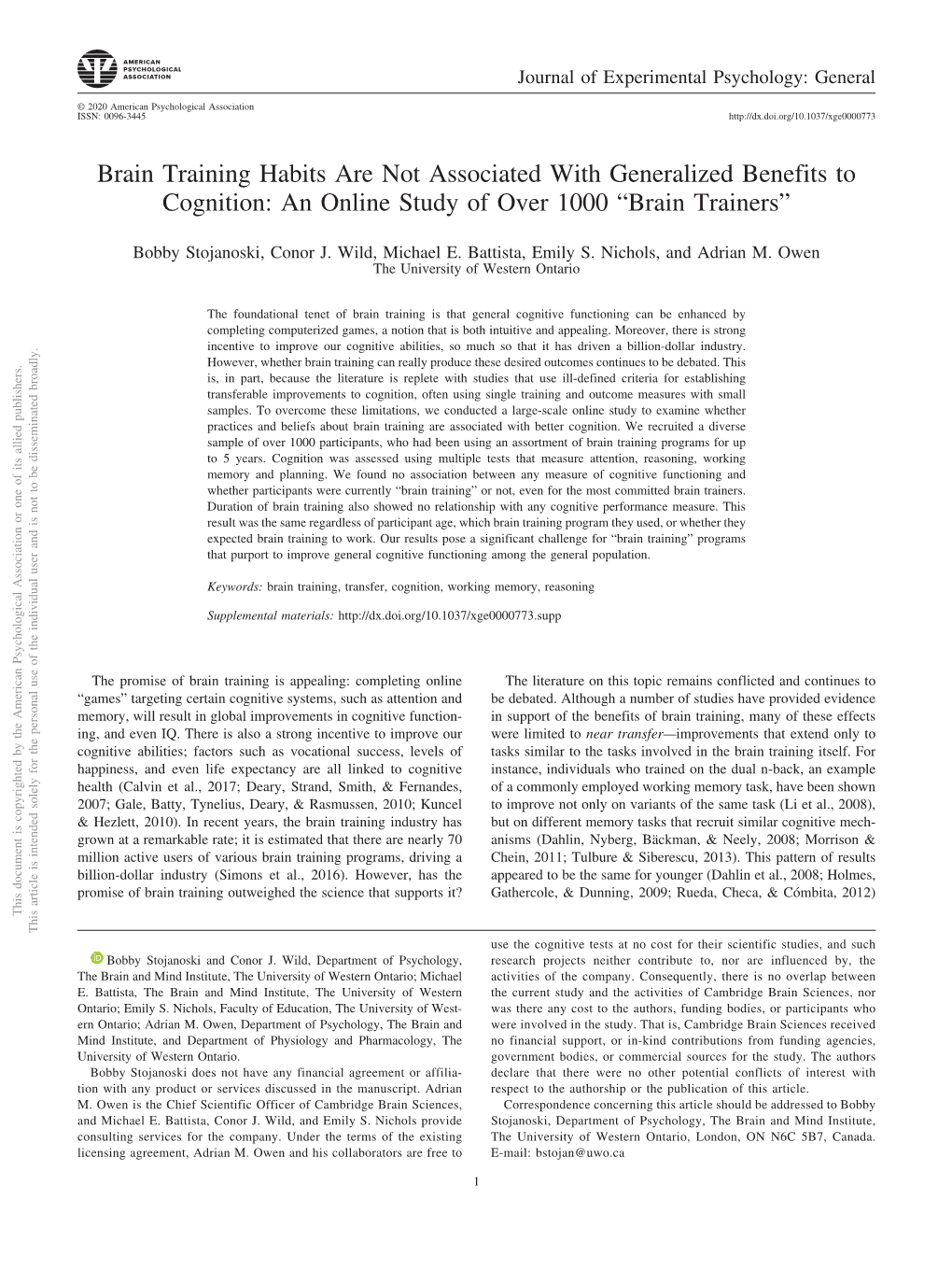 Brain Training Habits Are Not Associated with Generalized Benefits to Cognition: an Online Study of Over 1000 “Brain Trainers”