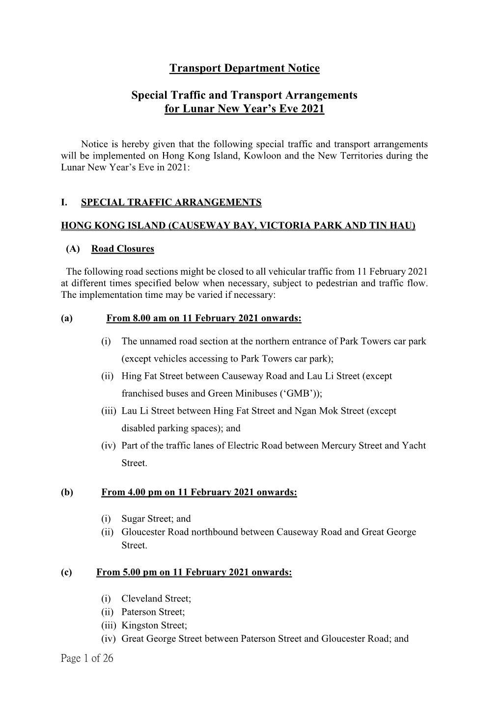 Special Traffic and Transport Arrangements of Lunar New Year's