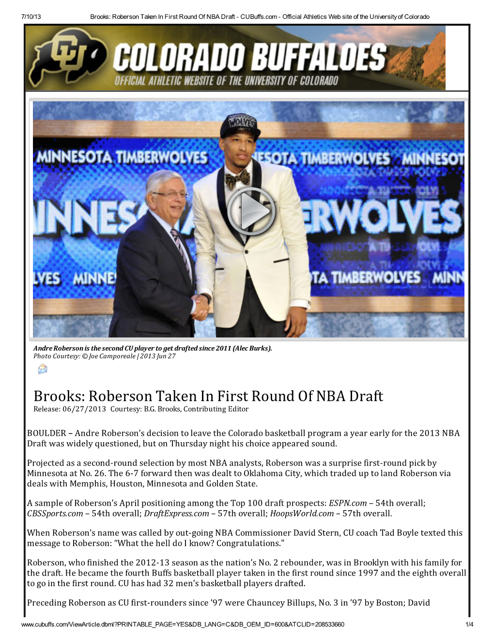 Brooks: Roberson Taken in First Round of NBA Draft - Cubuffs.Com - Official Athletics Web Site of the University of Colorado
