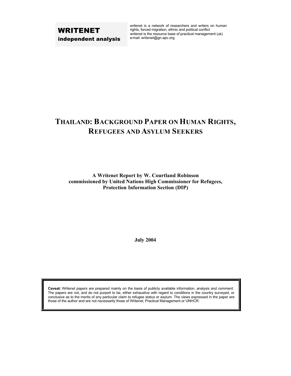 Thailand: Background Paper on Human Rights, Refugees and Asylum Seekers