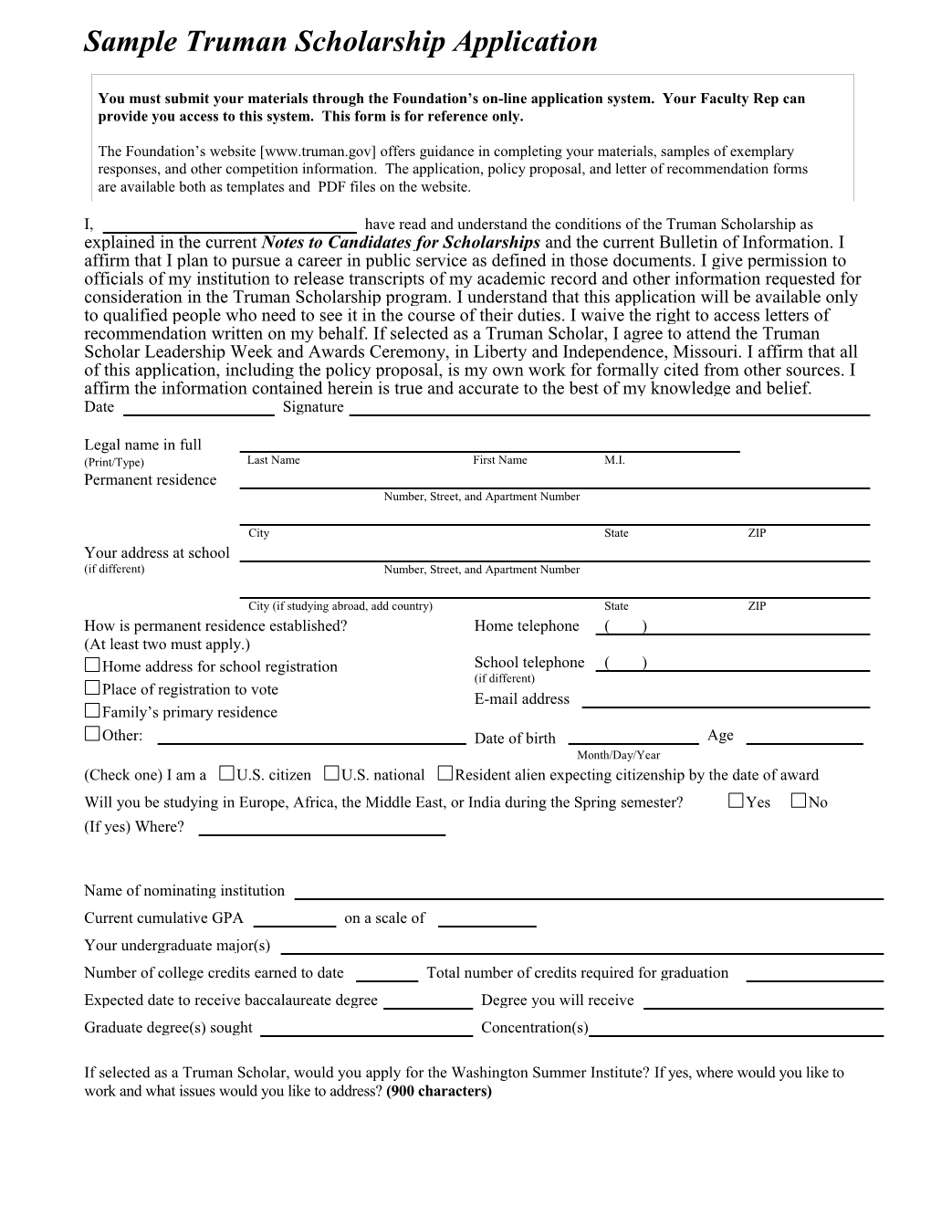 Sample Truman Scholarship Application