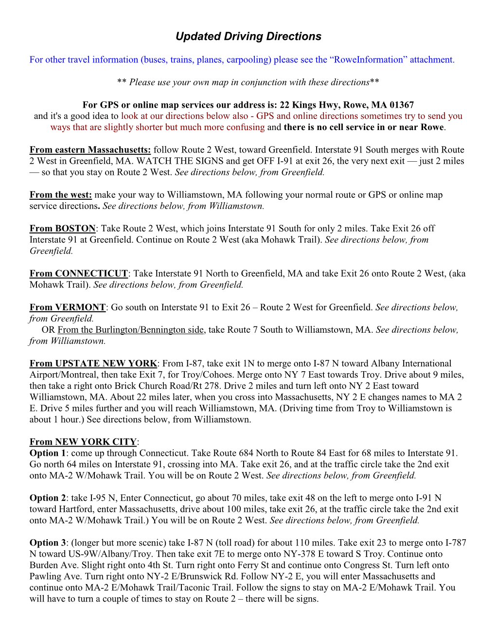 Directions to Rowe Camp & Conference Center