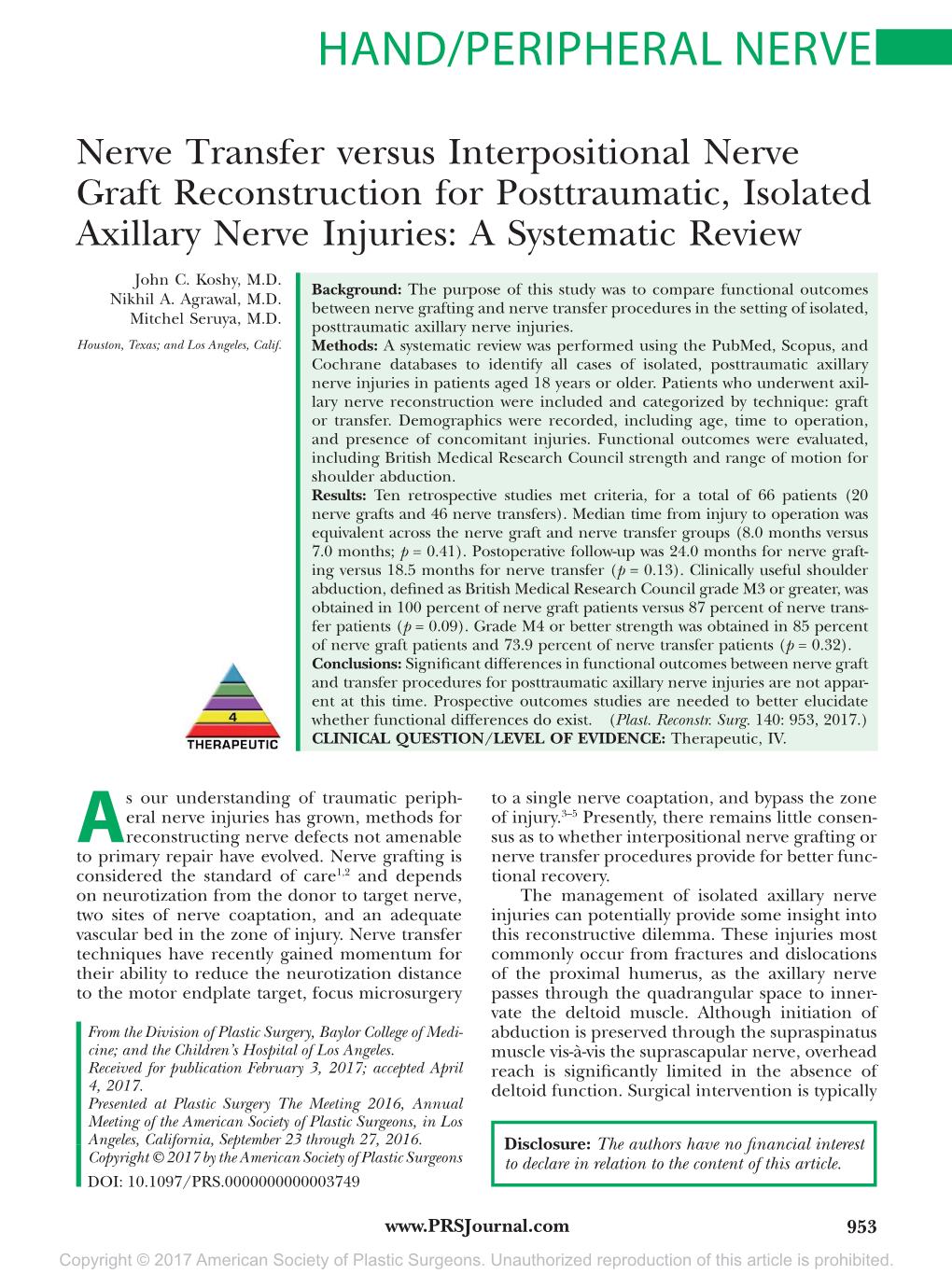 Nerve Transfer Versus Interpositional Nerve Graft Reconstruction for Posttraumatic, Isolated Axillary Nerve Injuries: a Systematic Review