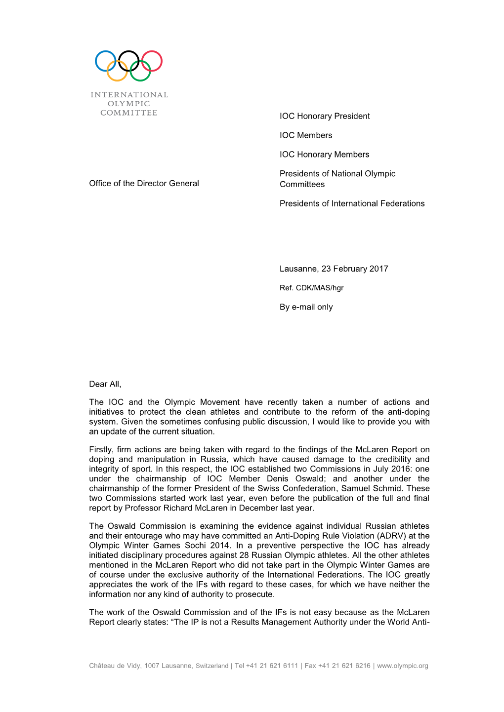 Letter, 19 January 2017)