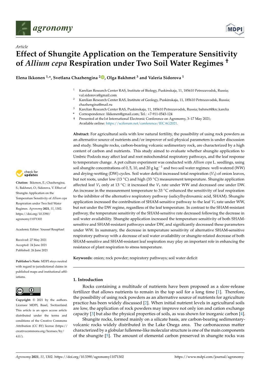 Effect of Shungite Application on the Temperature Sensitivity of Allium Cepa Respiration Under Two Soil Water Regimes †