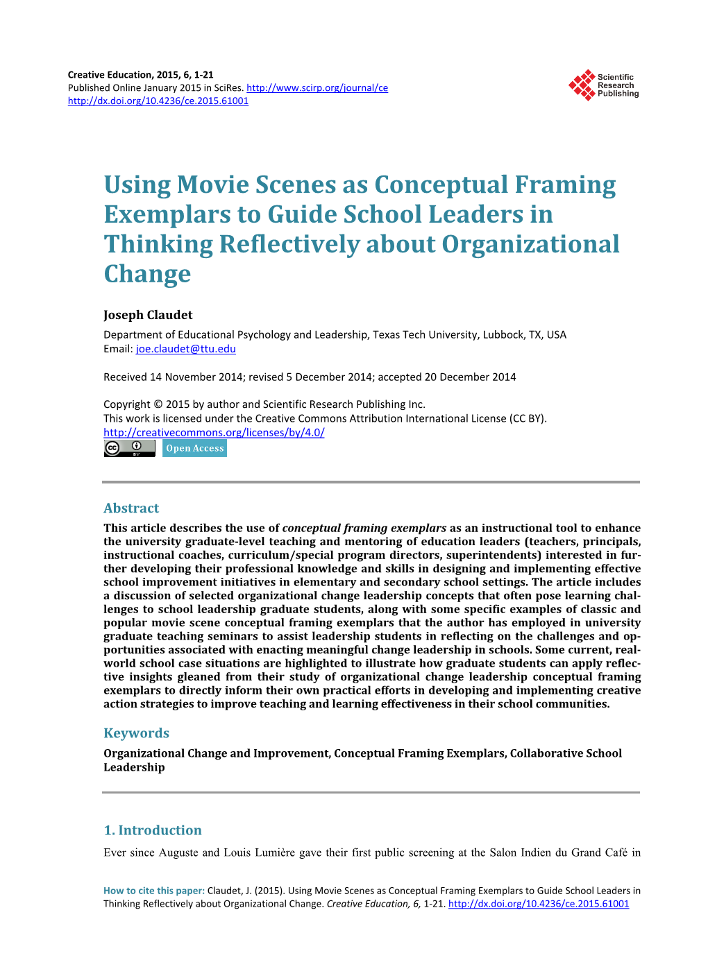 Using Movie Scenes As Conceptual Framing Exemplars to Guide School Leaders in Thinking Reflectively About Organizational Change