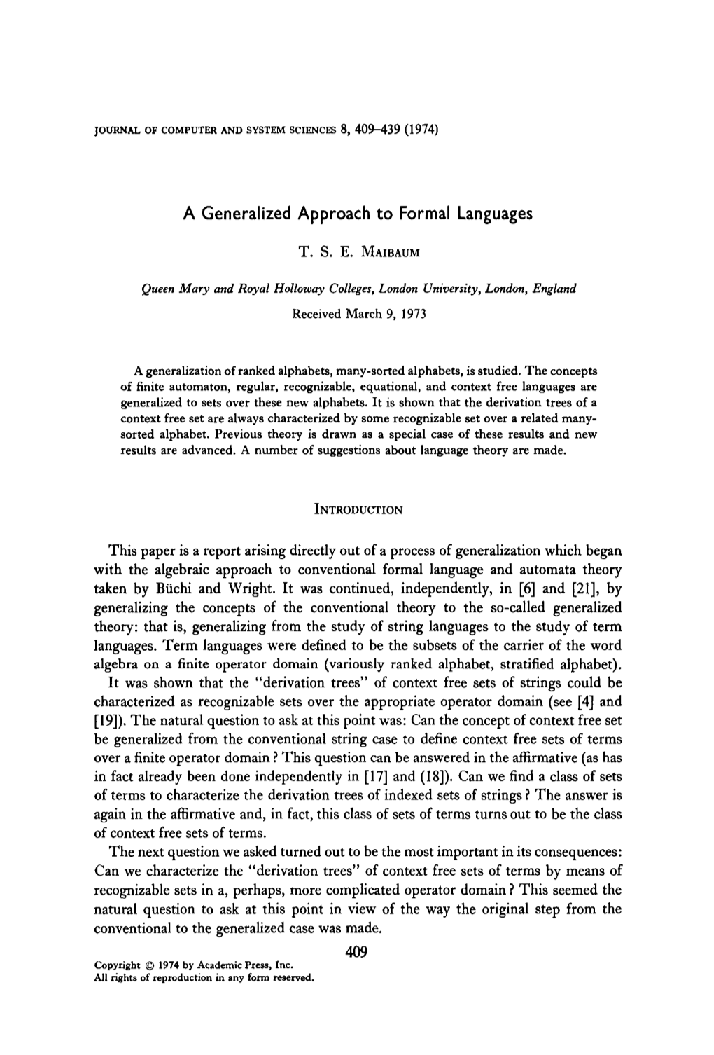 A Generalized Approach to Formal Languages