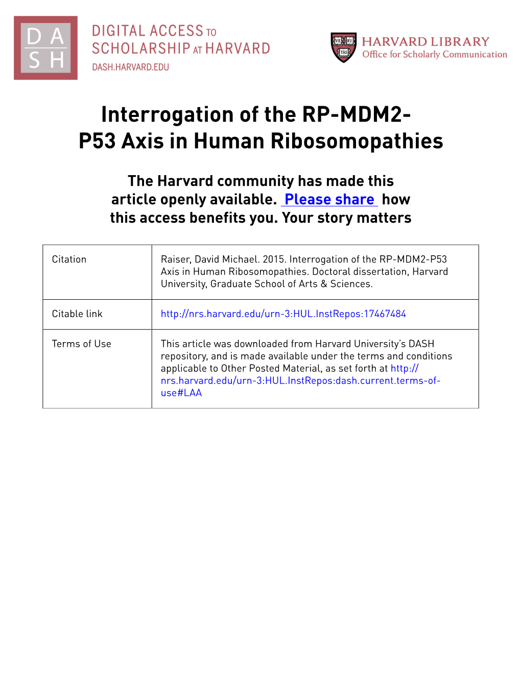 Interrogation of the RP-MDM2- P53 Axis in Human Ribosomopathies