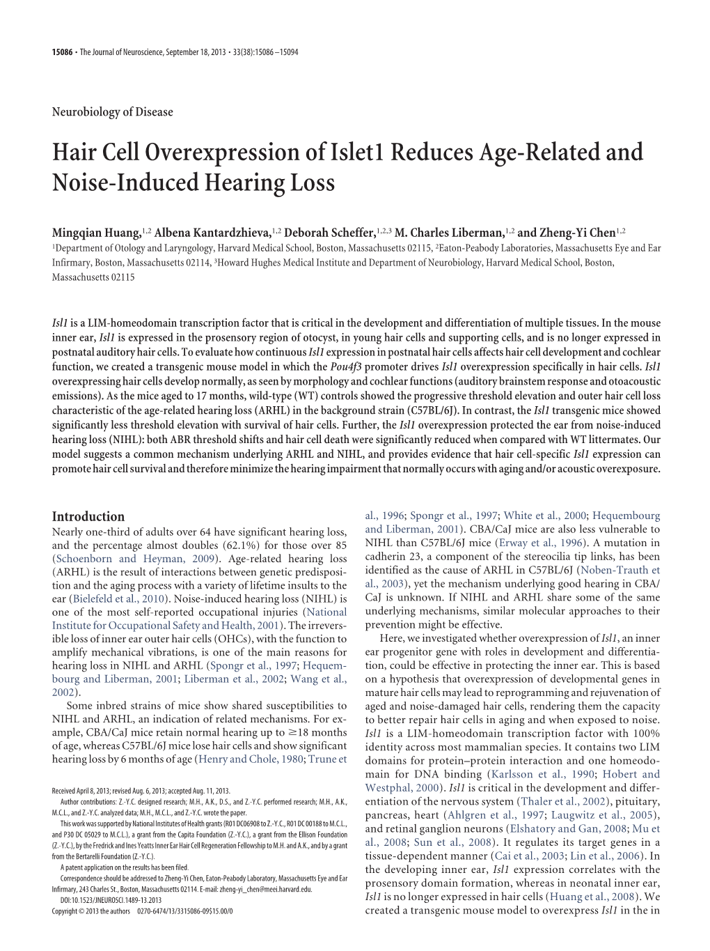 Hair Cell Overexpression of Islet1 Reduces Age-Related and Noise-Induced Hearing Loss