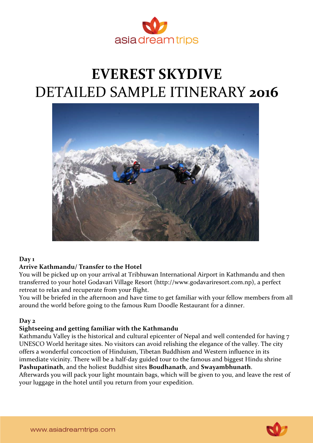 Everest Skydive Detailed Sample Itinerary 2016