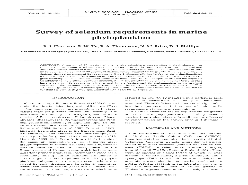 Survey of Selenium Requirements in Marine Phytoplankton