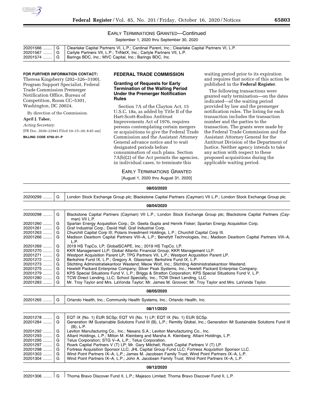 Federal Register/Vol. 85, No. 201/Friday, October 16, 2020/Notices