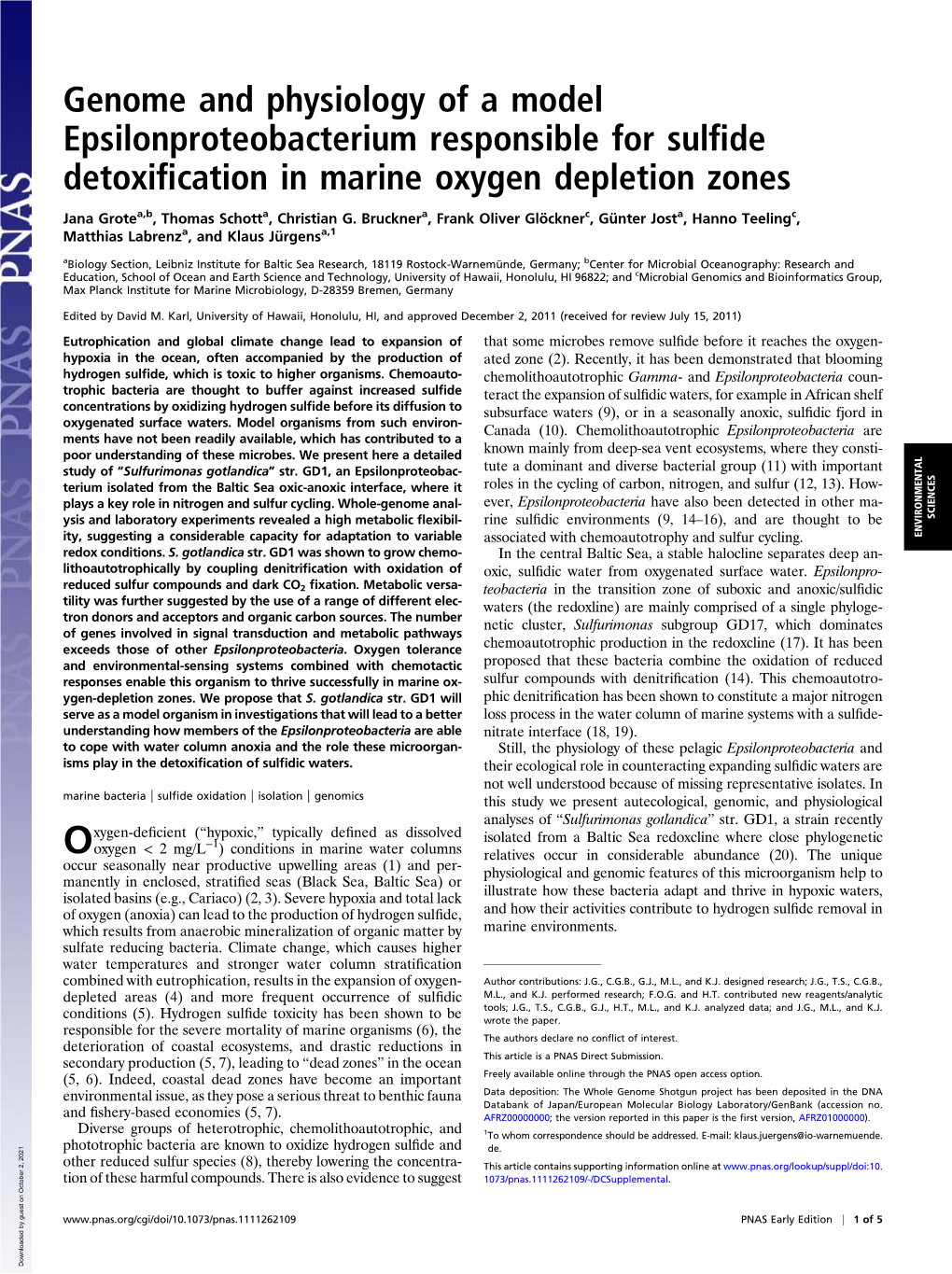 Genome and Physiology of a Model Epsilonproteobacterium Responsible for Sulﬁde Detoxiﬁcation in Marine Oxygen Depletion Zones