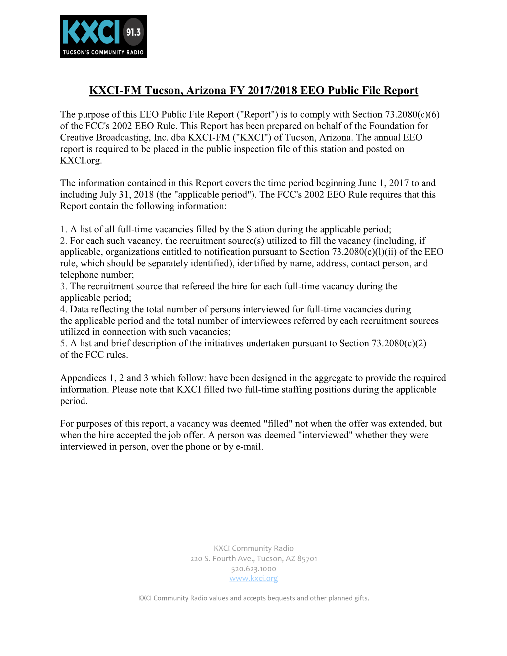 KXCI-FM Tucson, Arizona FY 2017/2018 EEO Public File Report