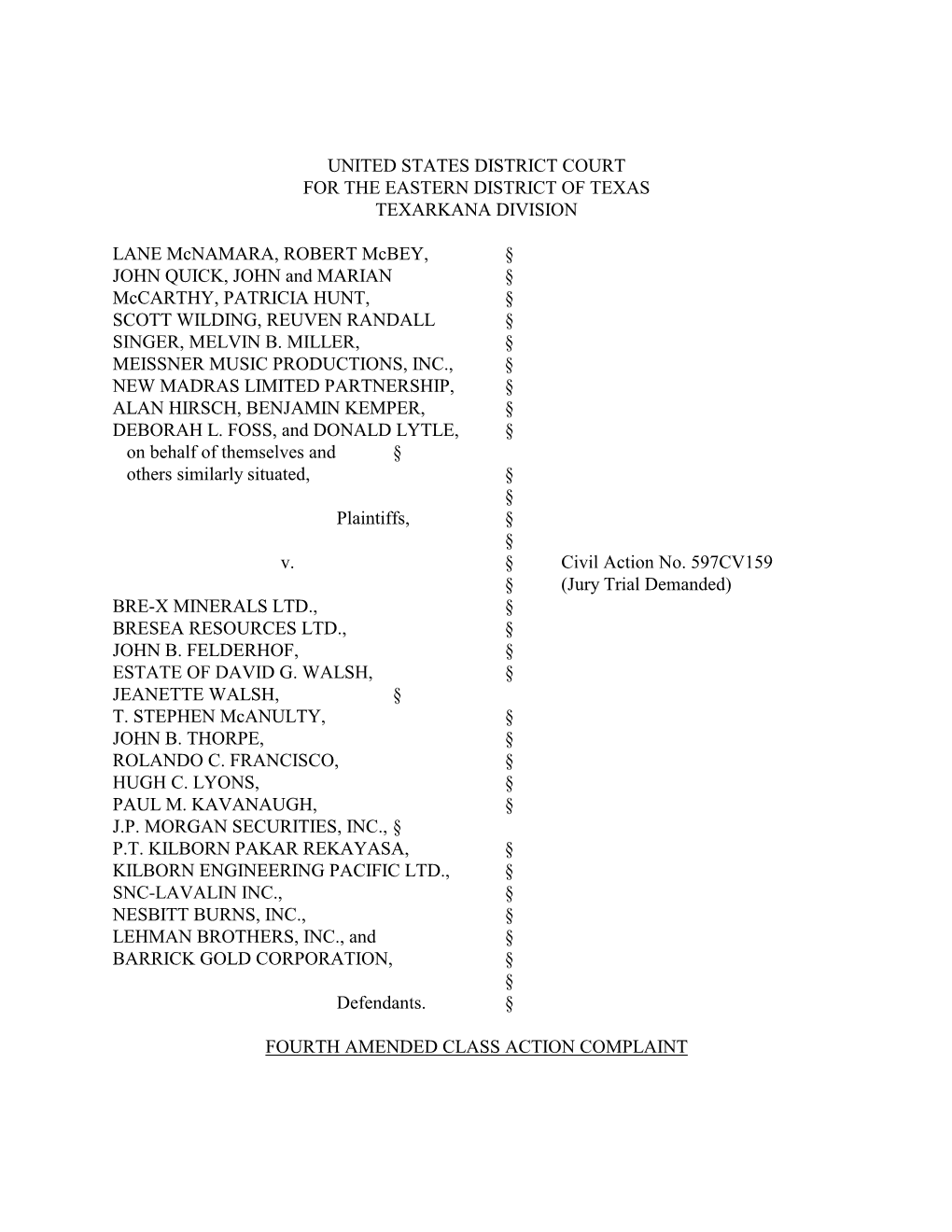 Lane Mcnamara, Et Al. V. Bre-X Minerals Ltd., Et Al. 97-CV-159