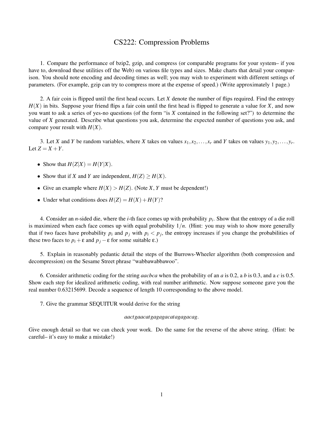 CS222: Compression Problems