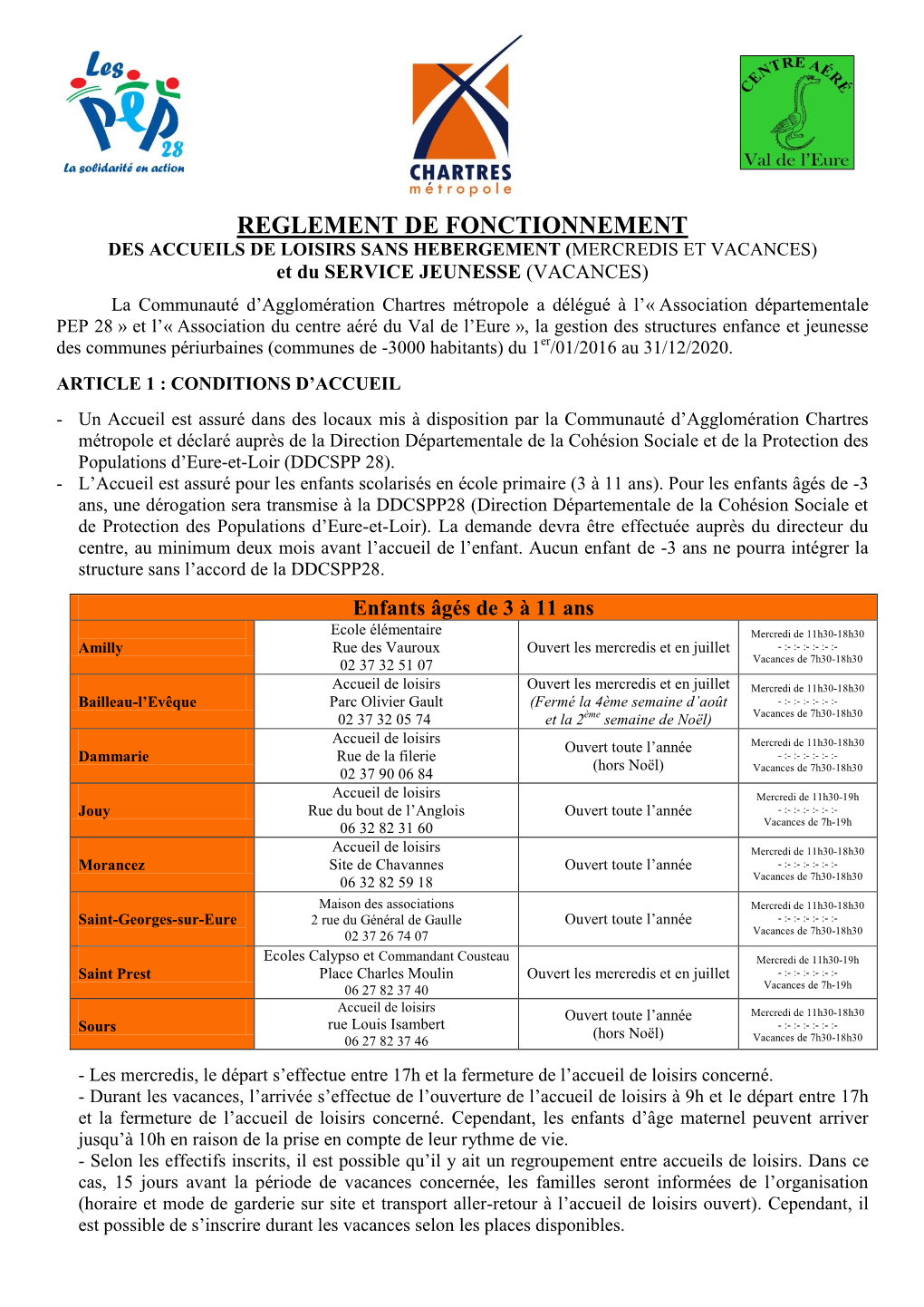 REGLEMENT DE FONCTIONNEMENT DES ACCUEILS DE LOISIRS SANS HEBERGEMENT (MERCREDIS ET VACANCES) Et Du SERVICE JEUNESSE (VACANCES)