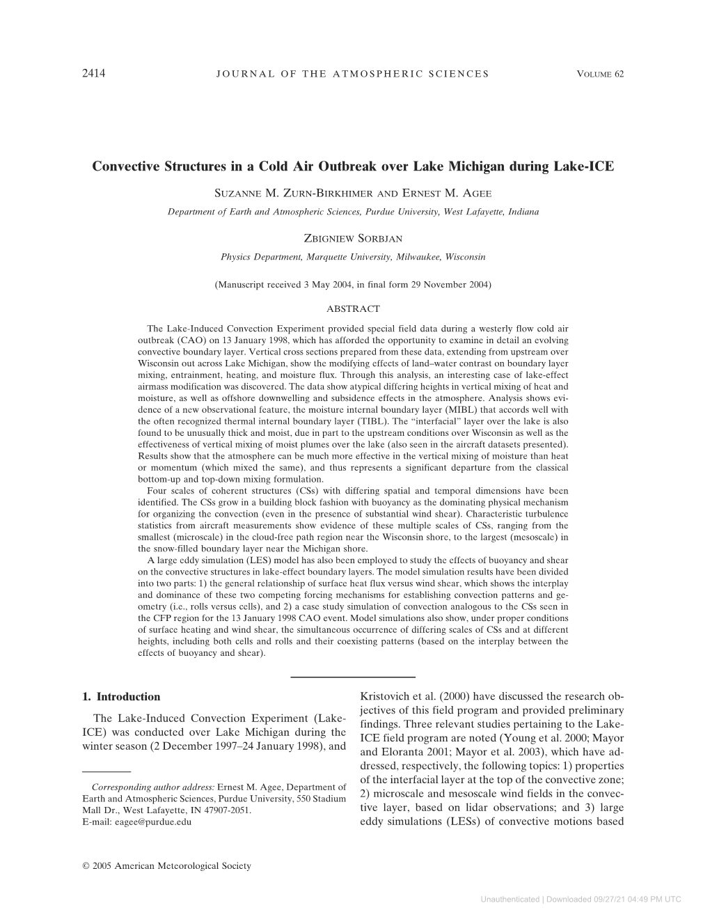 Convective Structures in a Cold Air Outbreak Over Lake Michigan During Lake-ICE