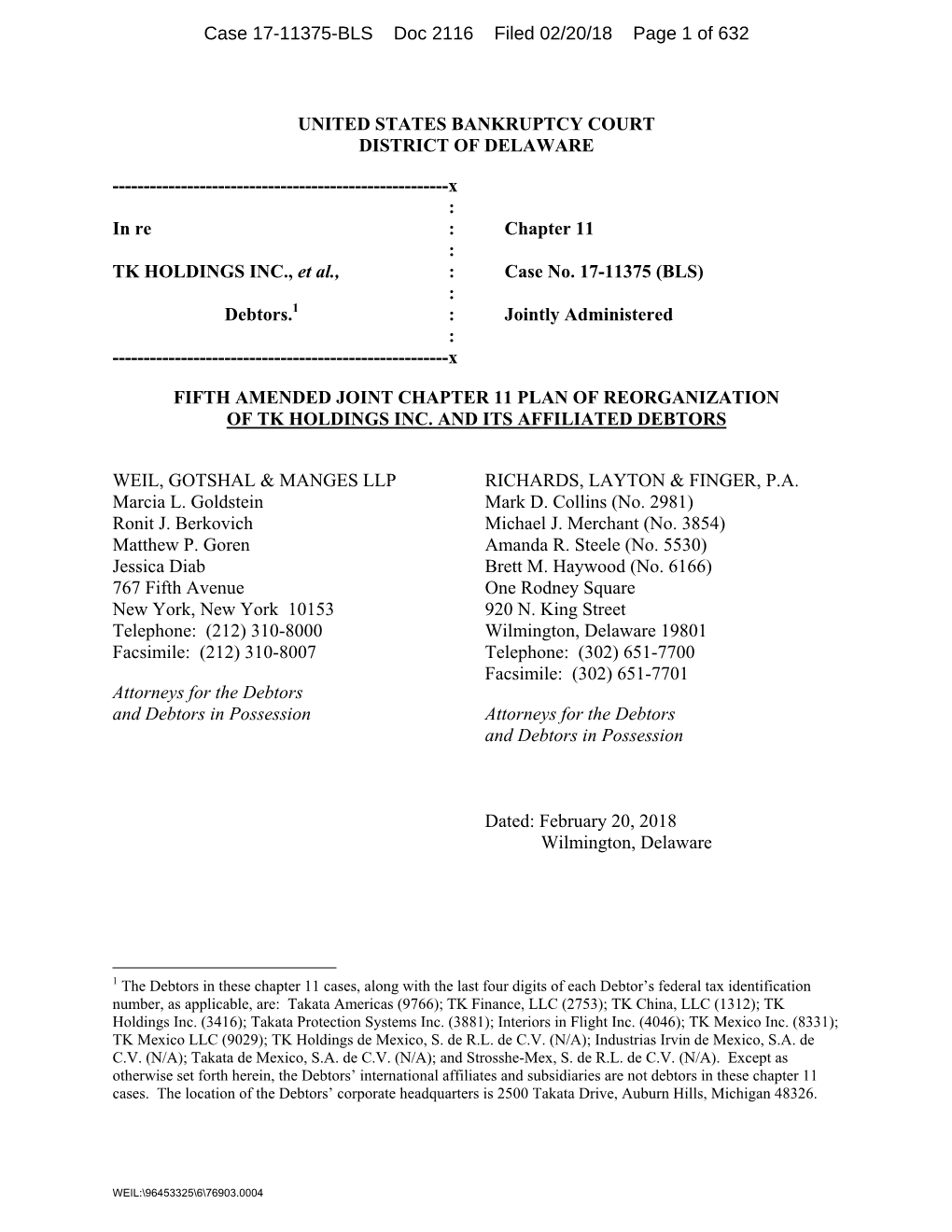 Fifth Amended Joint Chapter 11 Plan of Reorganization of Tk Holdings Inc