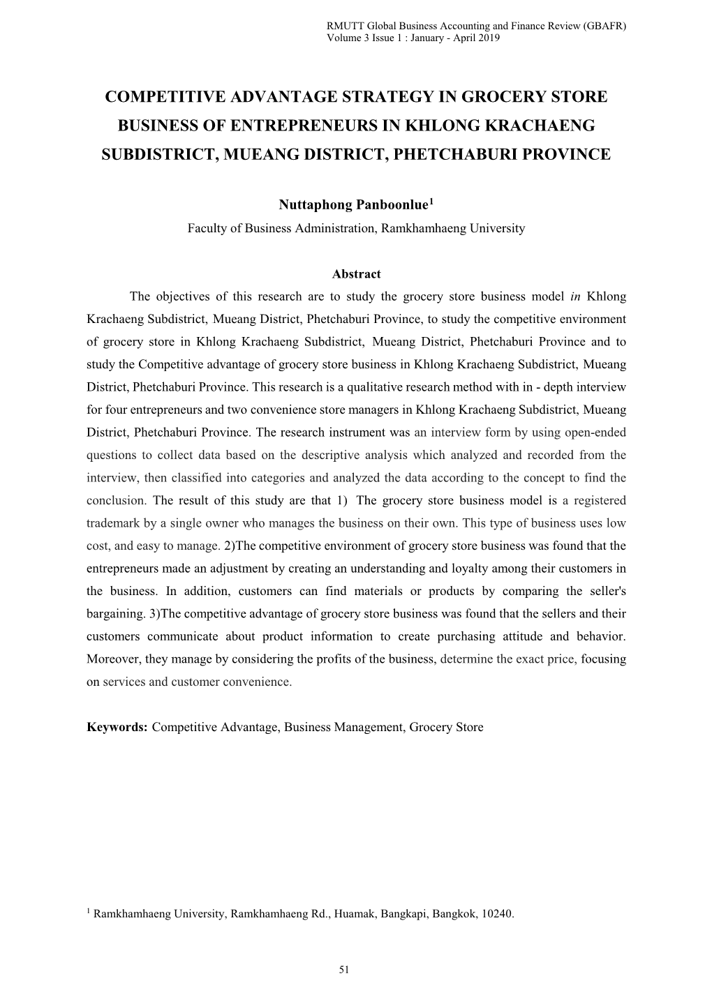 Competitive Advantage Strategy in Grocery Store Business of Entrepreneurs in Khlong Krachaeng Subdistrict, Mueang District, Phetchaburi Province