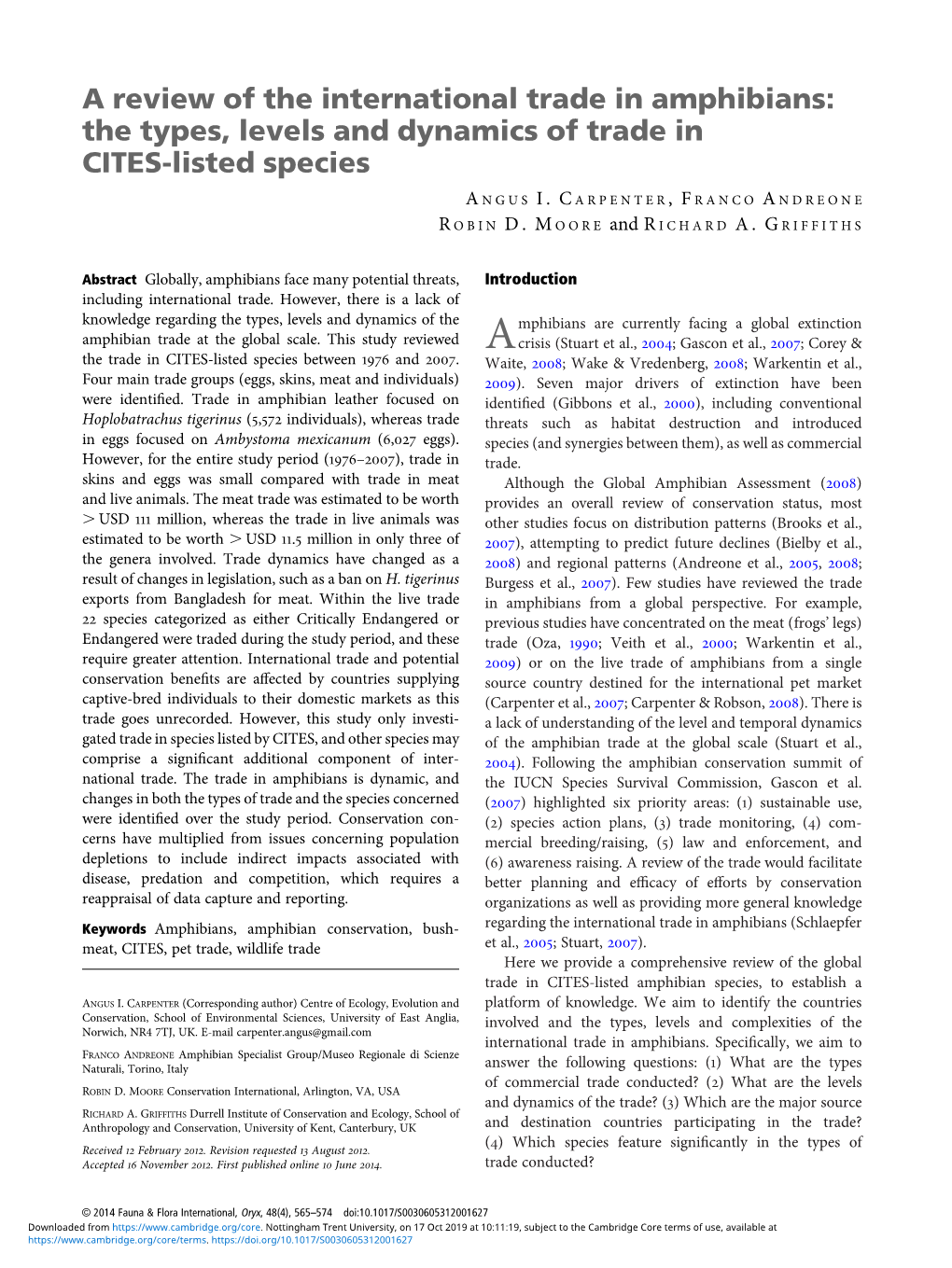 A Review of the International Trade in Amphibians: the Types, Levels and Dynamics of Trade in CITES-Listed Species