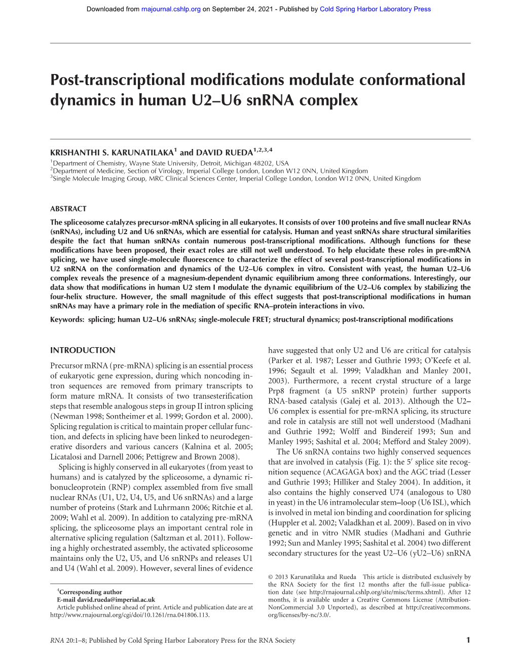 Post-Transcriptional Modifications Modulate Conformational Dynamics in Human U2–U6 Snrna Complex