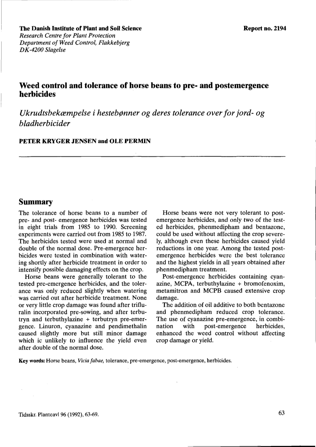 Weed Control and Tolerance of Horse Beans to Pre- and Postemergence Herbicides