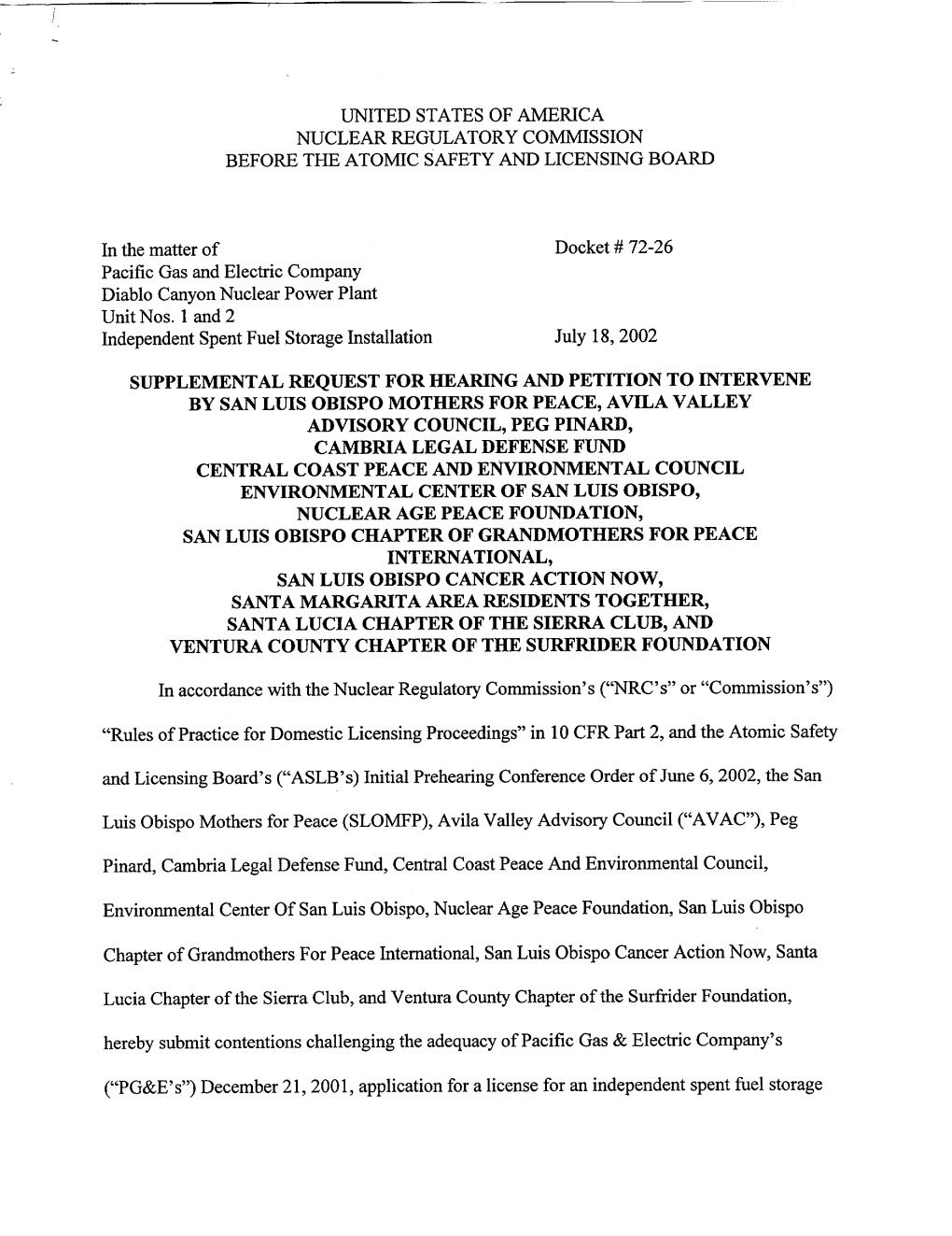 Supplemental Request for Hearing & Petition to Intervene by San Luis Obispo Mothers for Peace, Avila Valley Advisory Council