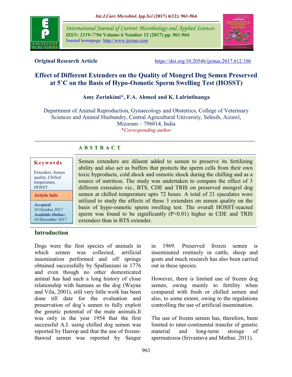 Effect of Different Extenders on the Quality of Mongrel Dog Semen Preserved at 5˚C on the Basis of Hypo-Osmotic Sperm Swelling Test (HOSST)