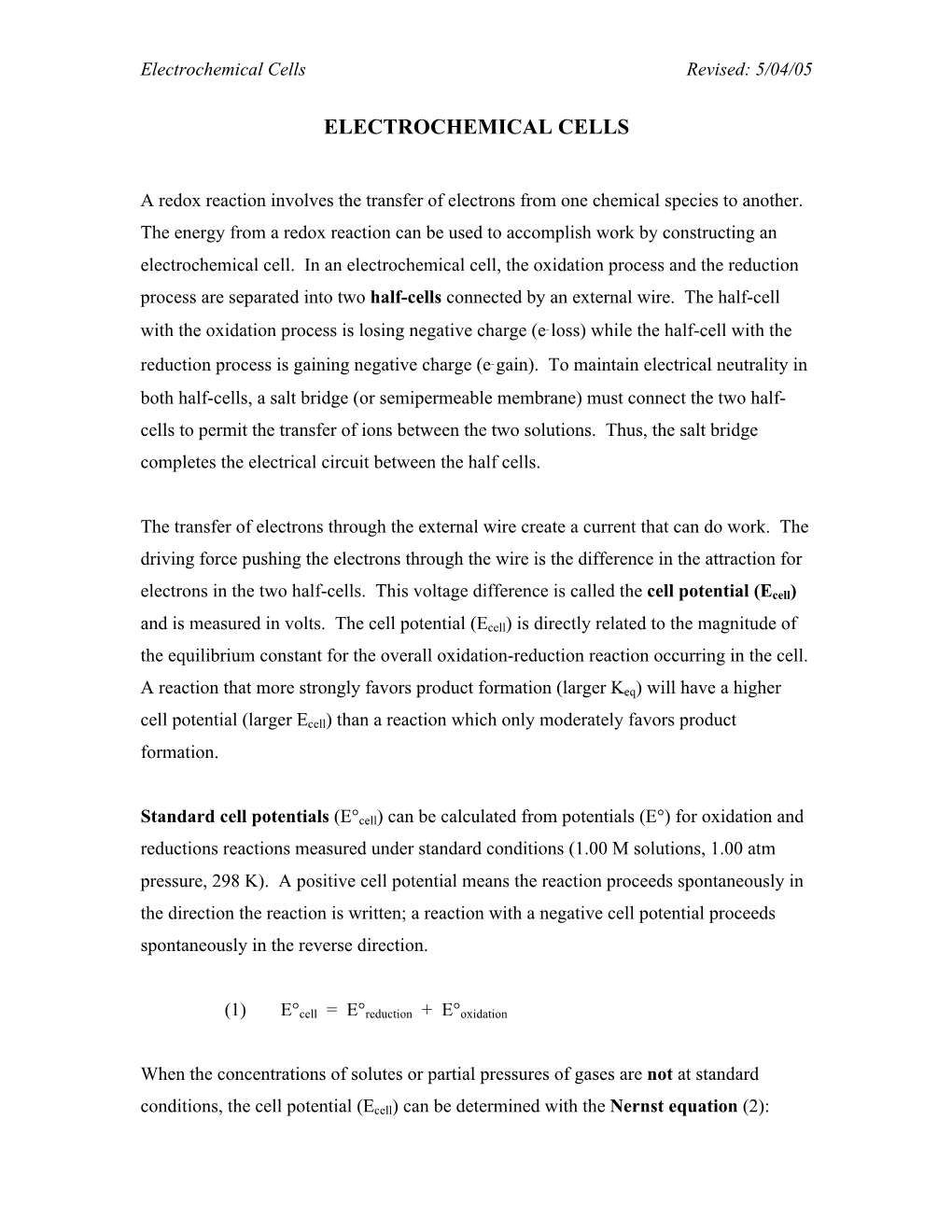 Electrochemical Cells Revised: 5/04/05