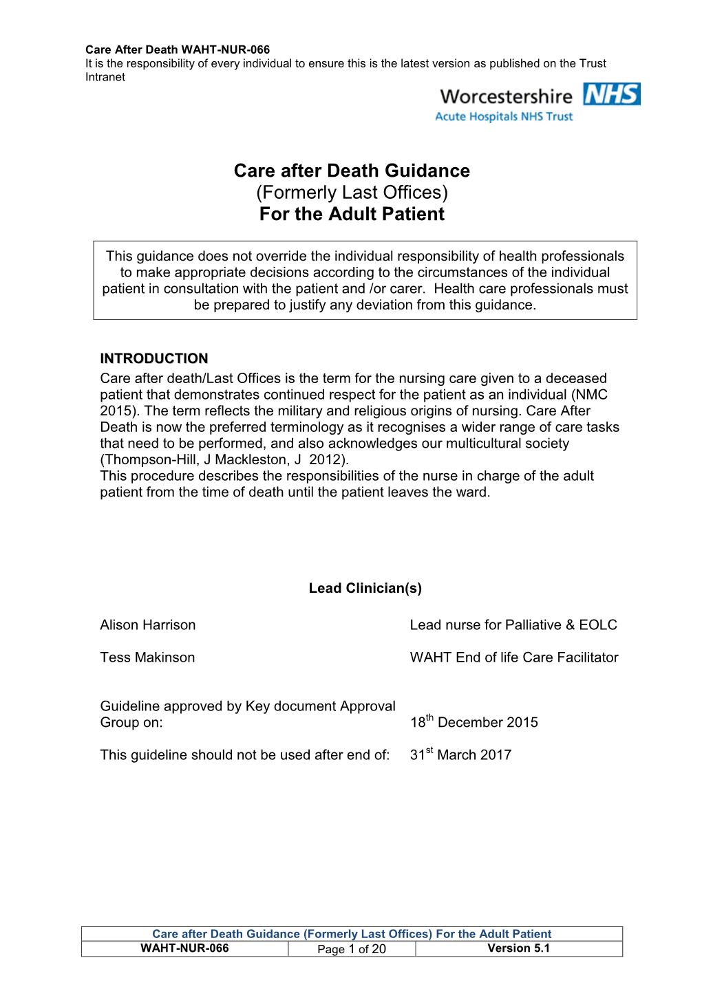 Care After Death Guidance (Formerly Last Offices) for the Adult Patient