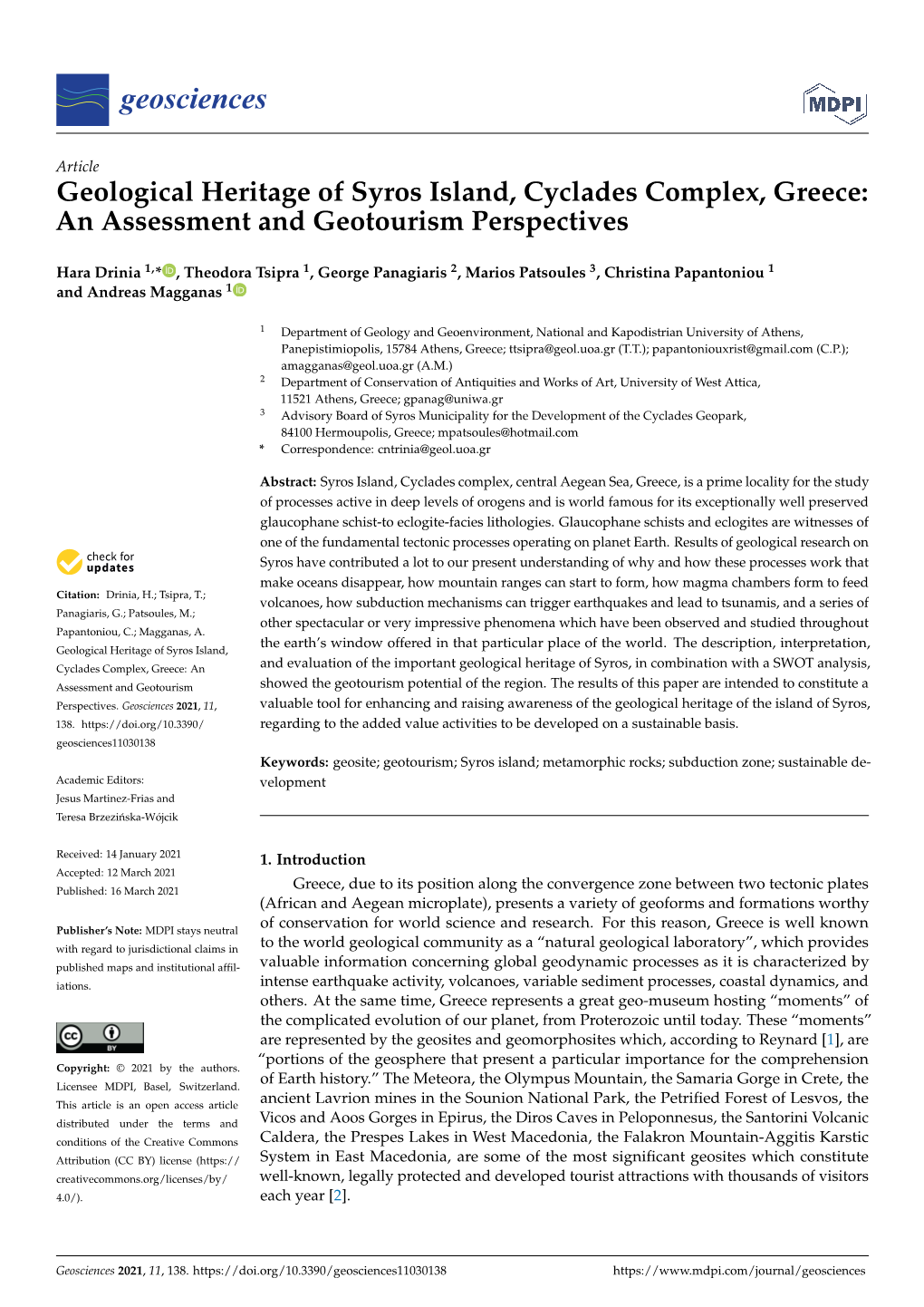 Geological Heritage of Syros Island, Cyclades Complex, Greece: an Assessment and Geotourism Perspectives