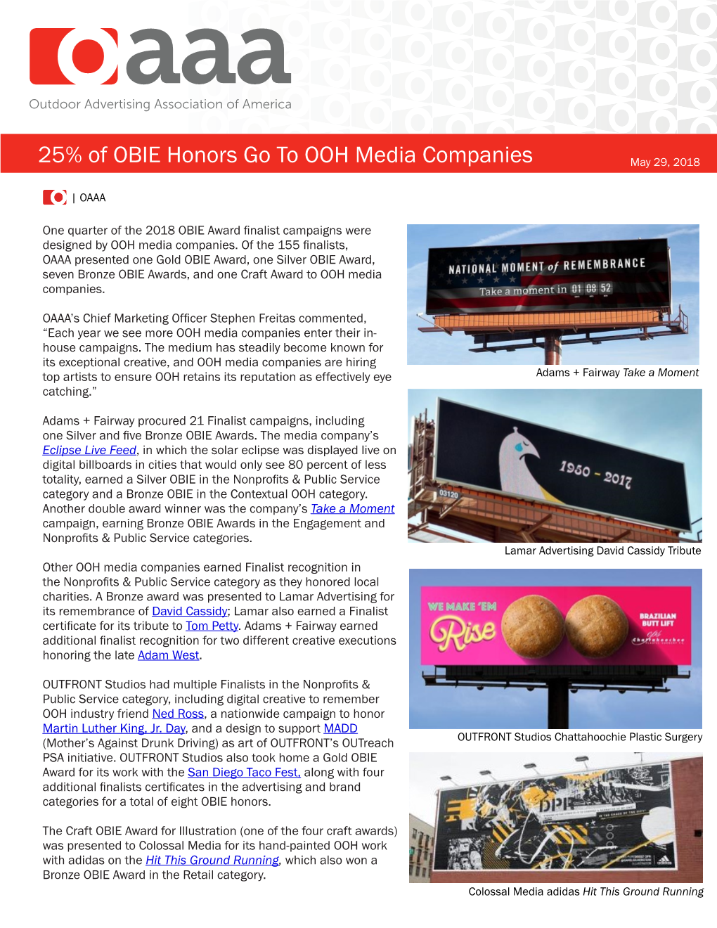 25% of OBIE Honors Go to OOH Media Companies May 29, 2018