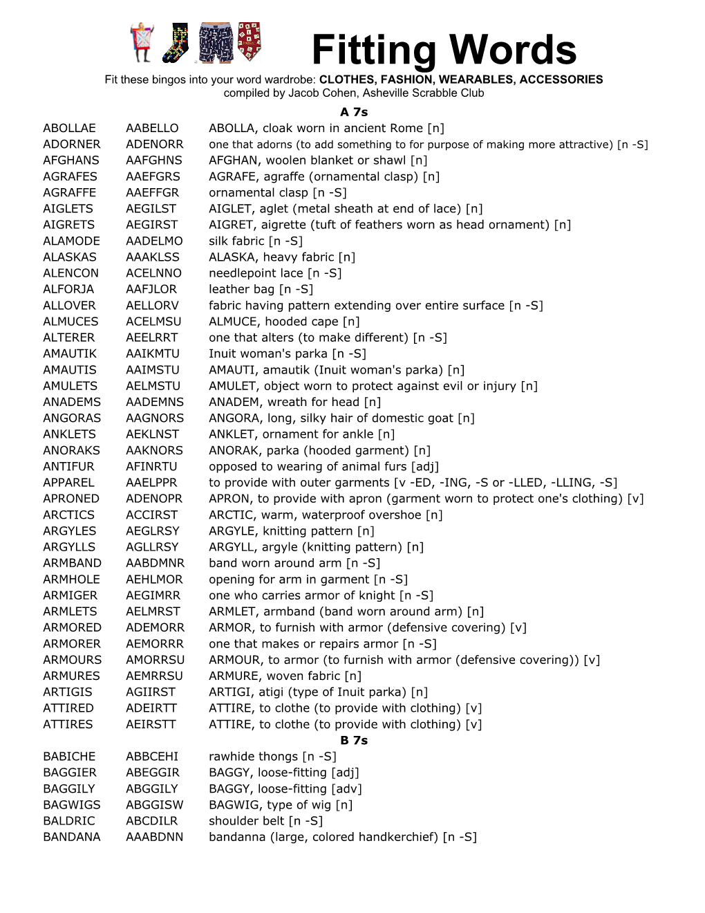 Fitting Words Fit These Bingos Into Your Word Wardrobe: CLOTHES, FASHION, WEARABLES, ACCESSORIES Compiled by Jacob Cohen, Asheville Scrabble Club