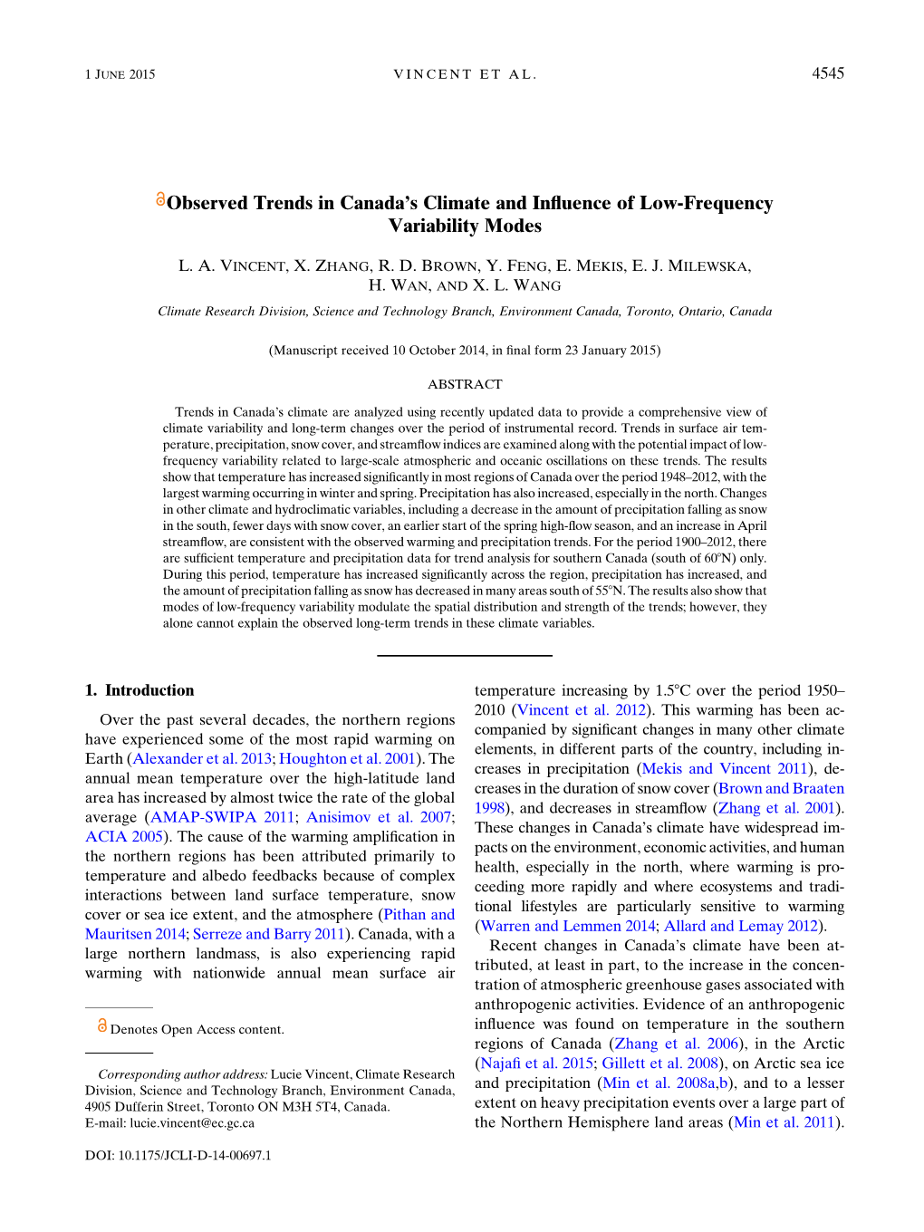 Observed Trends in Canada's Climate and Influence of Low