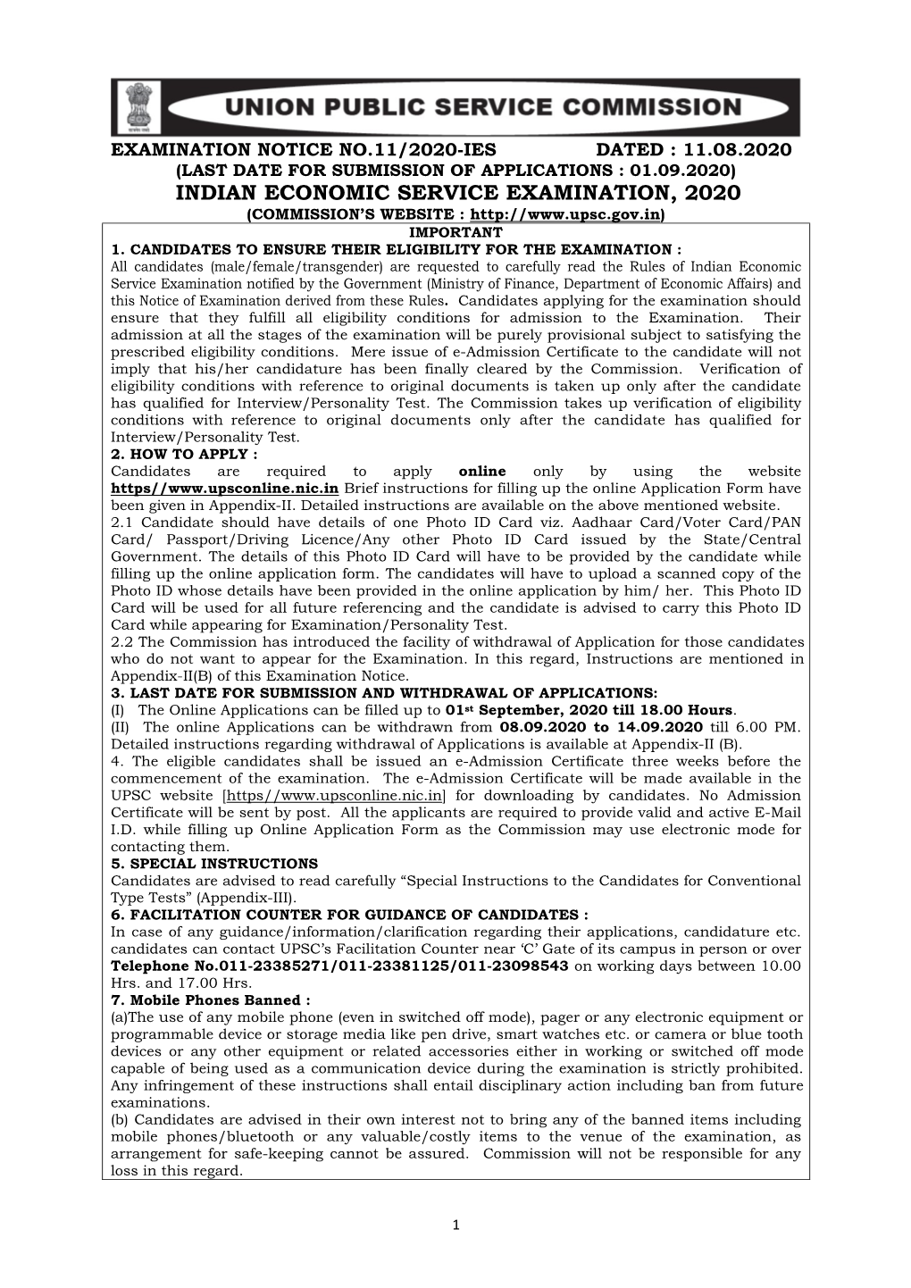 Indian Economic Service Examination, 2020 (Commission’S Website : Important 1