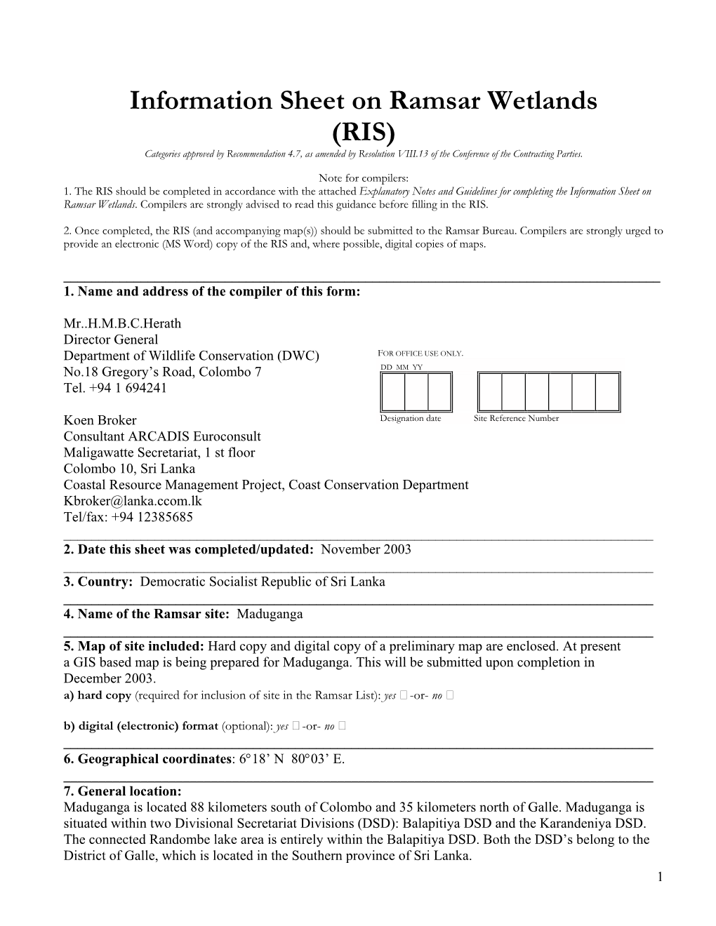 RIS) Categories Approved by Recommendation 4.7, As Amended by Resolution VIII.13 of the Conference of the Contracting Parties