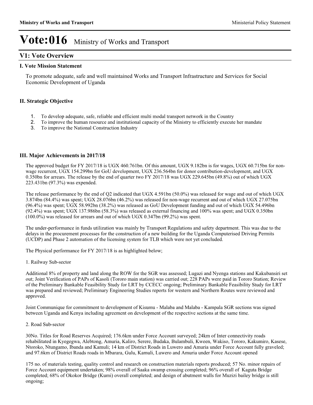 Vote:016 Ministry of Works and Transport V1: Vote Overview I