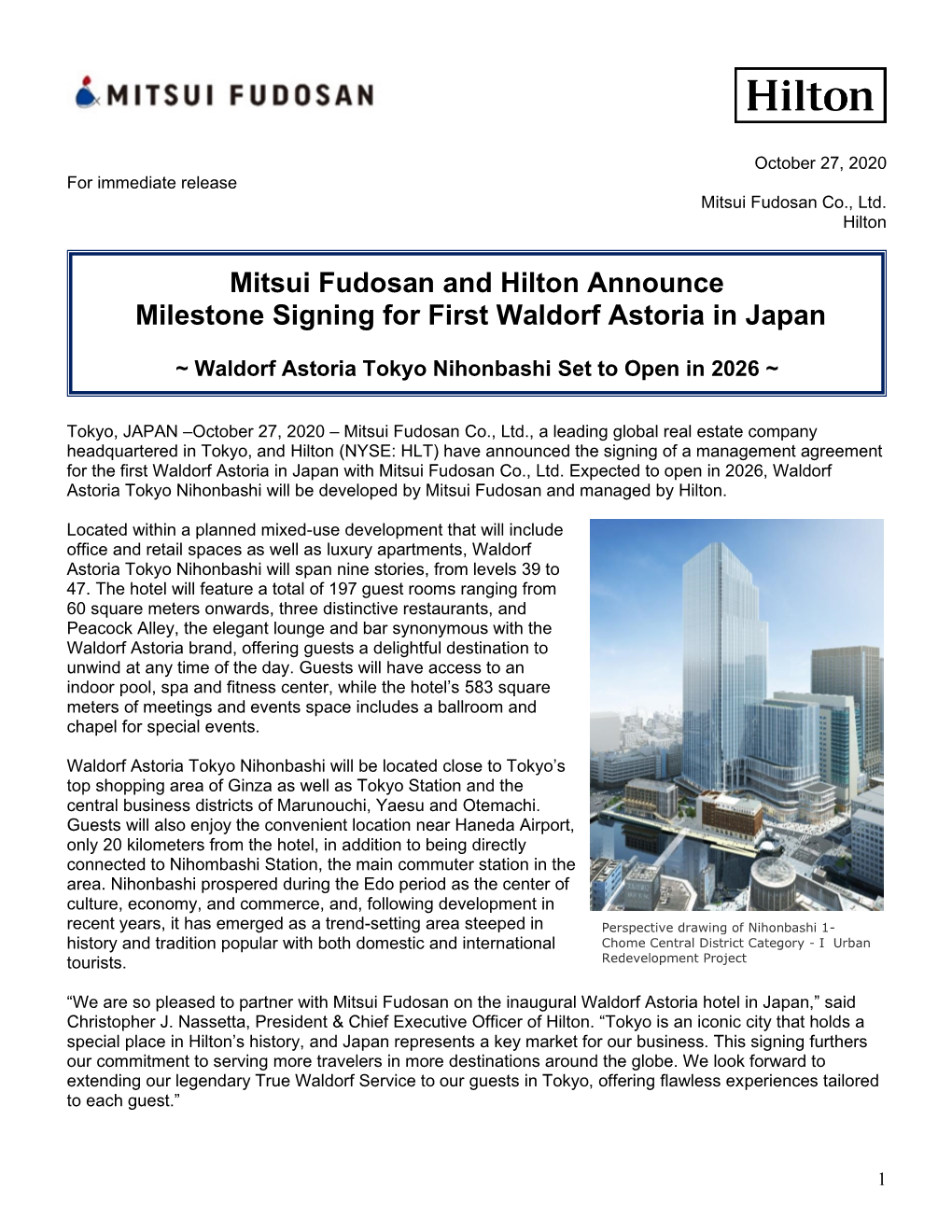 Mitsui Fudosan and Hilton Announce Milestone Signing for First Waldorf