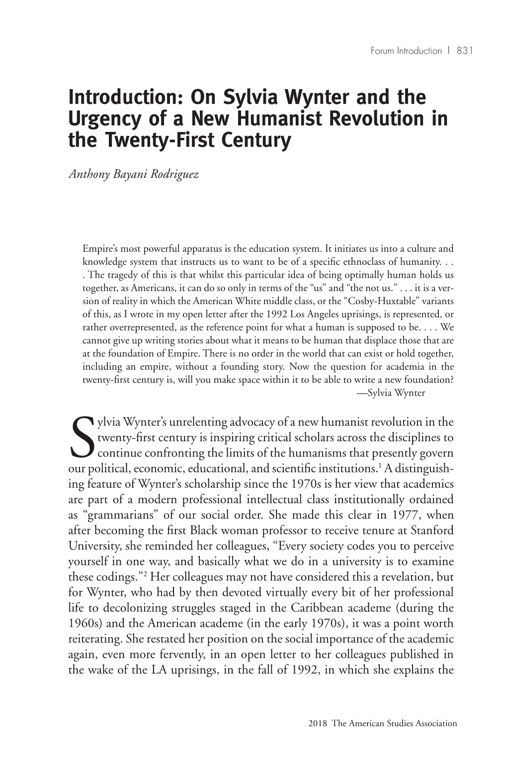 Introduction: on Sylvia Wynter and the Urgency of a New Humanist Revolution in the Twenty-First Century