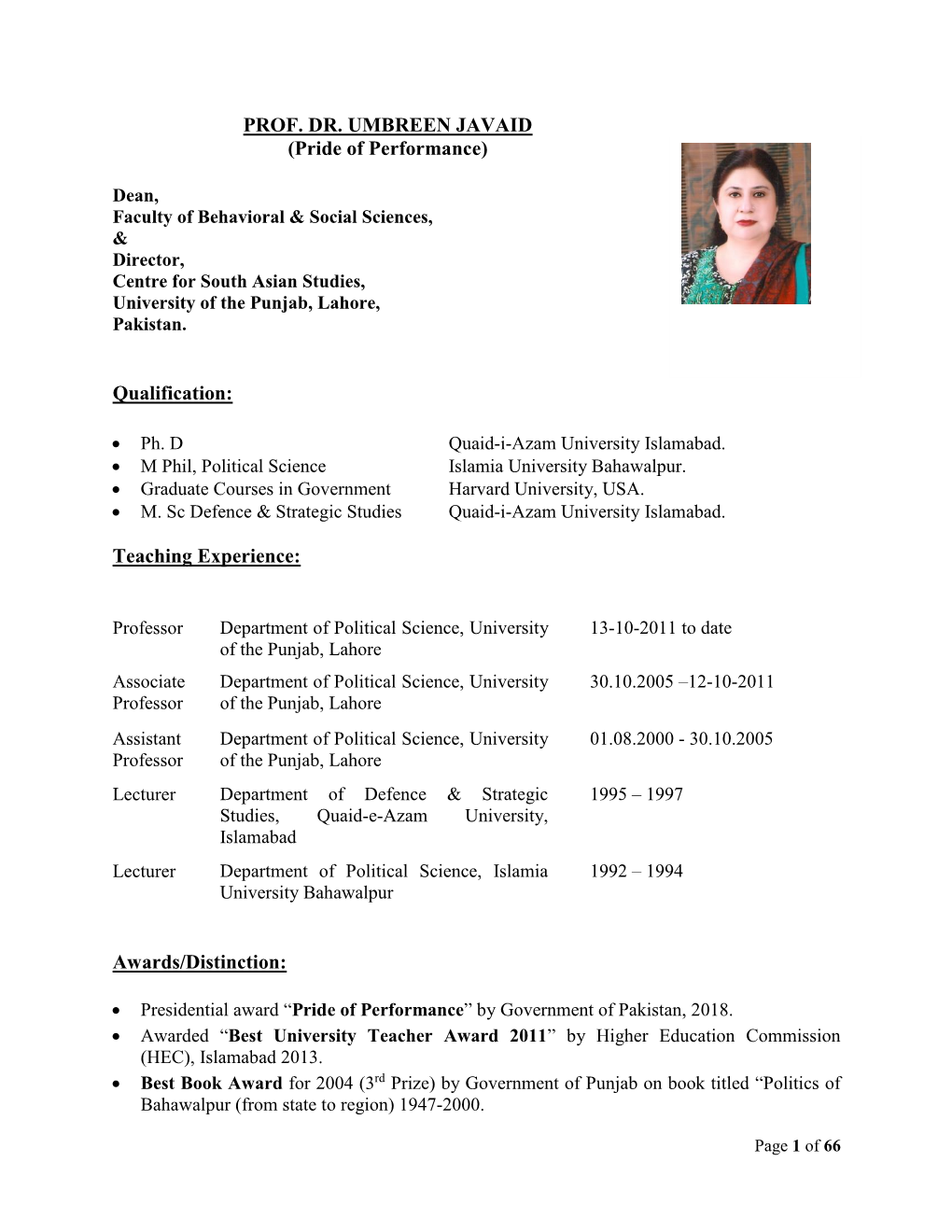 CV of Prof. Dr. Umbreen Javaid