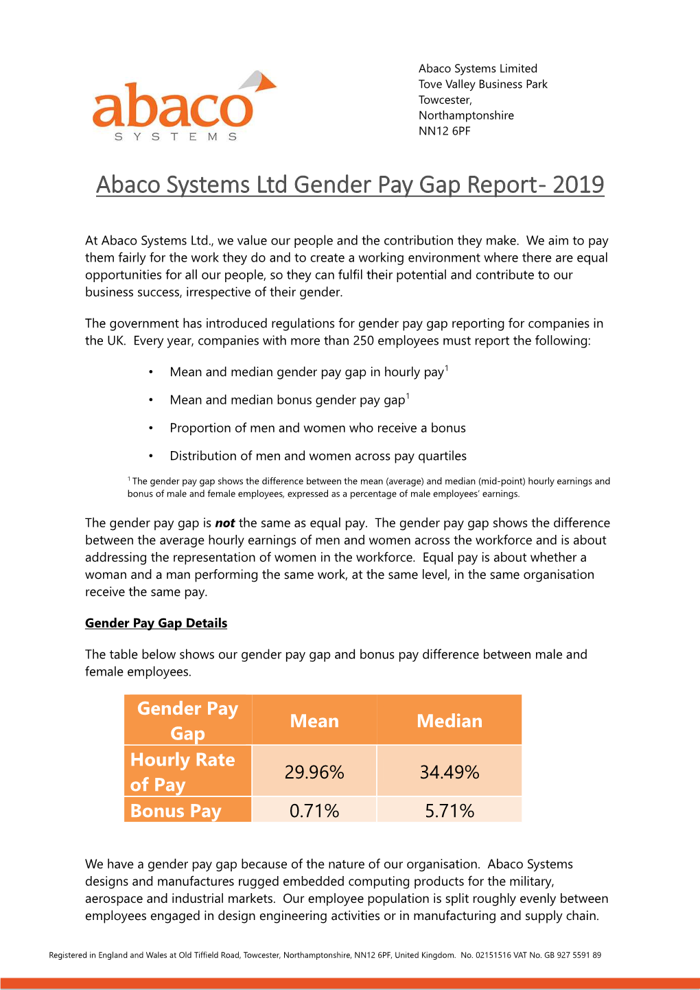 Abaco Systems Ltd Gender Pay Gap Report - 2019