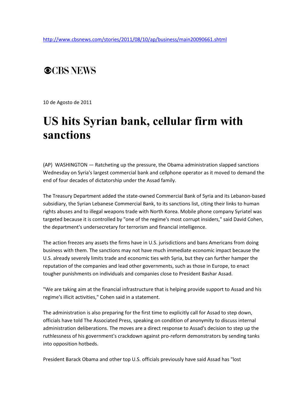 US Hits Syrian Bank, Cellular Firm with Sanctions